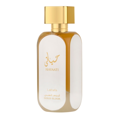 Buteleczka perfum damskich Hayaati Gold Elixir Lattafa 100 ml - eleganckie złote szkło z ozdobnym korkiem. Zdjęcie dostępne na e-drogeria24.pl.