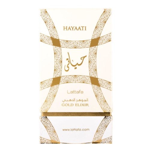 Opakowanie perfum damskich Hayaati Gold Elixir Lattafa 100 ml - widok z przodu i z boku, prezentujący luksusowe kartonowe pudełko z złotymi akcentami. Zdjęcie dostępne na e-drogeria24.pl