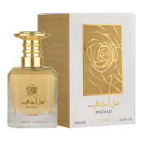 Perfumy damskie Mazaaji Lattafa 100 ml w stylowym opakowaniu, prezentowane na minimalistycznym tle, które podkreśla ich