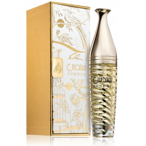Perfumy unisex Sondos Lattafa 100ml - elegancka butelka na tle pudełka, dostępne na e-drogeria24.pl