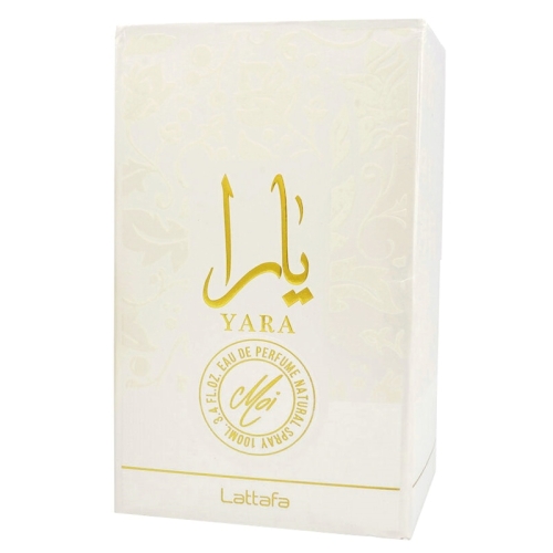 Perfumy Yara Moi Lattafa 100 ml, pokazane z bliska, eksponujące detale buteleczki i subtelne złote akcenty