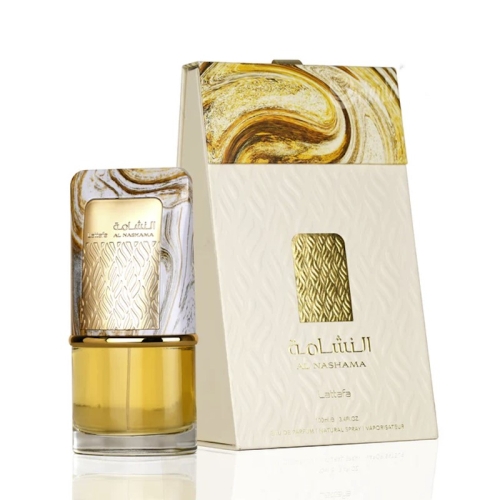 Perfumy unisex Al Nashama Lattafa 100ml - elegancka butelka na tle pudełka, dostępne na e-drogeria24.pl