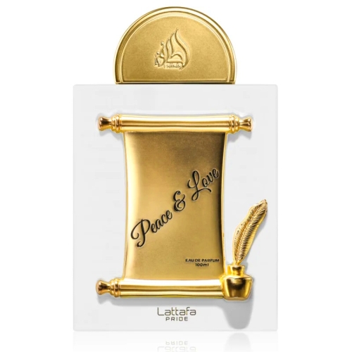 Flakon perfum Peace & Love Lattafa Pride 100ml na tle cytrusów, kwiatów i drzewnych akordów