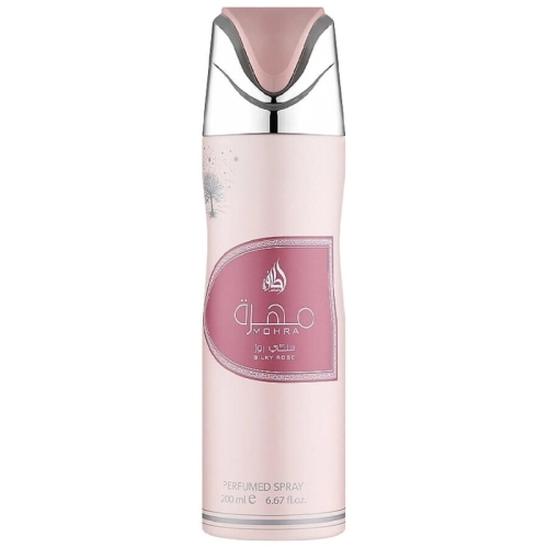 Dezodorant Mohra Silky Rose Lattafa 200ml – różowo-złota butelka na jasnym tle
