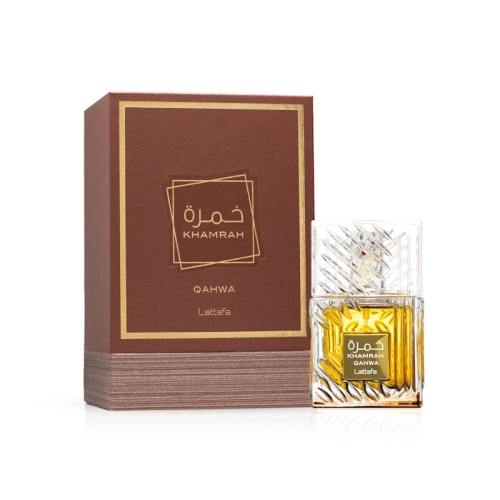 Opakowanie perfum unisex Khamrah Qahwa Lattafa 100 ml, dostępne na e-drogeria24.pl