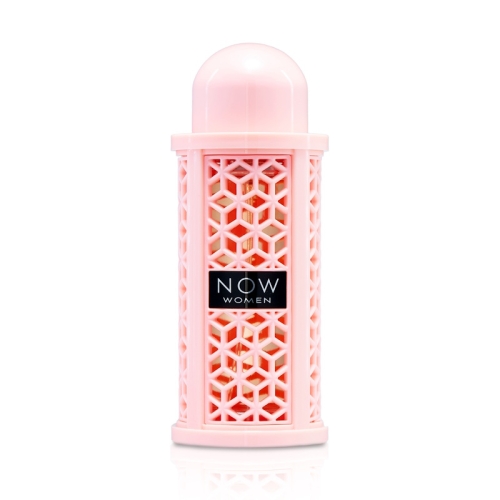 flakon perfum Rave Now Pink Lattafa 100ml na tle kwiatów i owoców