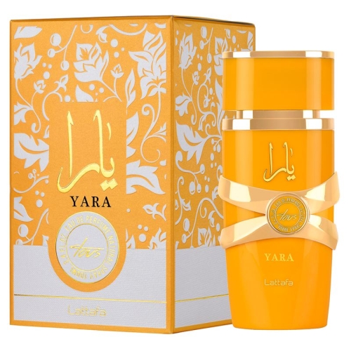Opakowanie perfum damskich Yara Tous Lattafa 100 ml, prezentowane na eleganckim tle, które podkreśla ich ekskluzywny wyg