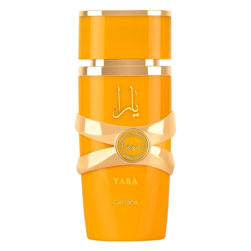 Elegancka buteleczka perfum damskich Yara Tous Lattafa 100 ml, z wyrafinowanym designem i ozdobnym korkiem, ustawiona na stylowym tle