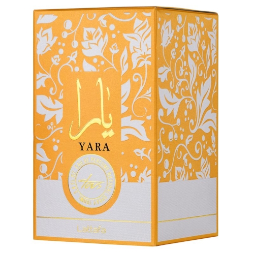 Perfumy Yara Tous Lattafa 100 ml z bliska, ukazujące szczegóły buteleczki oraz subtelne logo marki, w luksusowej prezencji