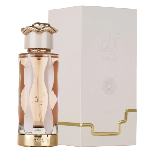 Flakon damskich perfum Teriaq Lattafa 100ml z nutami różowego pieprzu, karmelu i wanilii dostępny na e-drogeria24.pl.