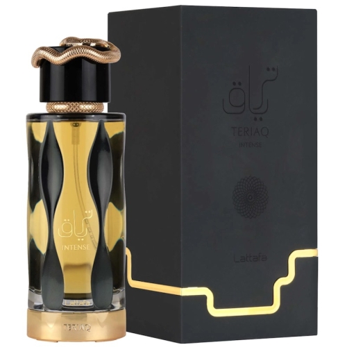Flakon damskich perfum Teriaq Intense Lattafa 100ml z nutami szafranu i bursztynu dostępny na e-drogeria24.pl.
