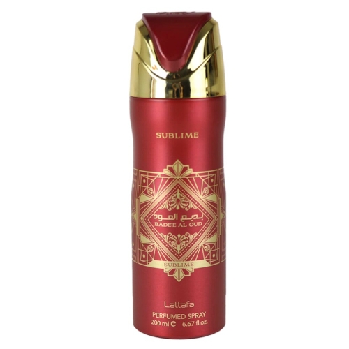 Dezodorant Bade’e Al Oud Sublime Lattafa 200ml – elegancka czarna butelka ze złotymi detalami