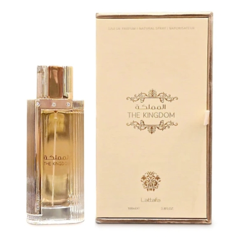 Flakon damskich perfum The Kingdom Lattafa 100ml z nutami owoców, jaśminu i wanilii dostępny na e-drogeria24.pl.