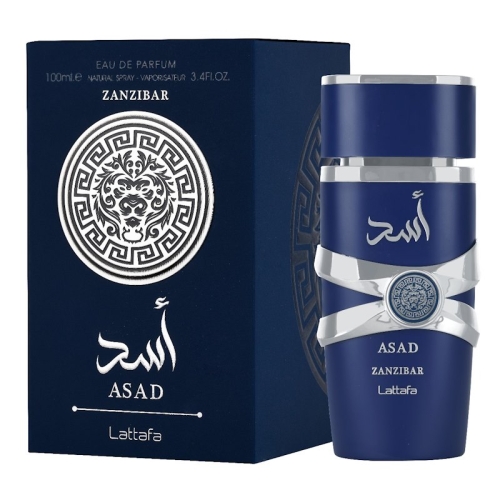 Perfumy męskie Asad Zanzibar Lattafa 100 ml na eleganckim stole, otoczone dekoracyjnymi elementami, które podkreślają ic