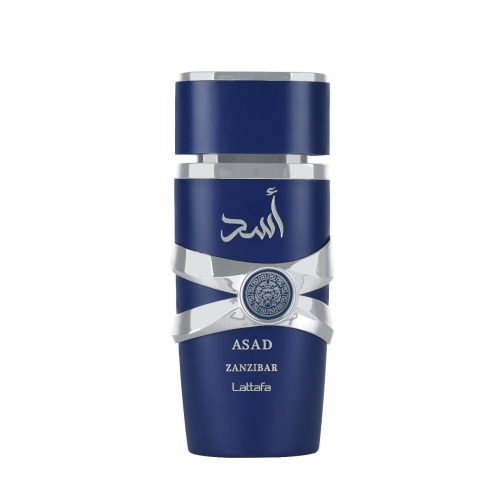Buteleczka perfum męskich Asad Zanzibar Lattafa 100 ml - eleganckie ciemne szkło z ozdobnym korkiem