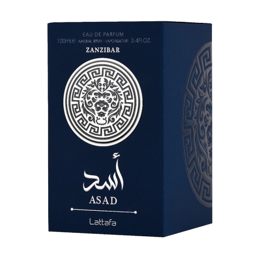 Opakowanie perfum męskich Asad Zanzibar Lattafa 100 ml - widok z przodu i boku, prezentujący luksusowy karton z detalami złota