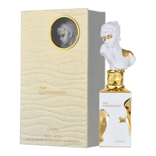 Elegancki flakon perfum Her Confession Lattafa 100ml z delikatnym różowym akcentem, idealny na prezent.