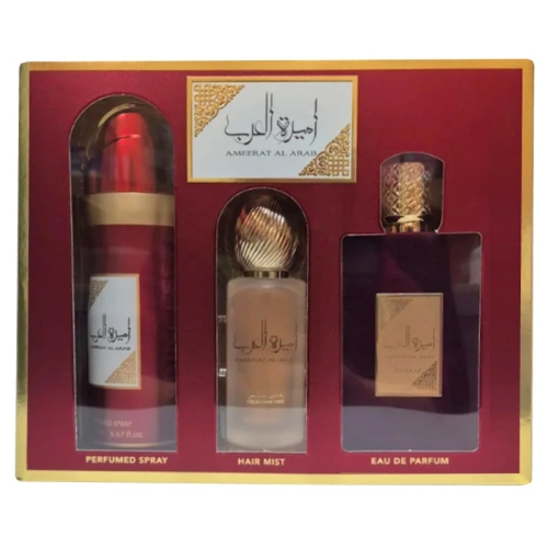 Zestaw Asdaaf Ameerat Al Arab – perfumy (100 ml), mgiełka do włosów (50 ml) i dezodorant (100 ml) w eleganckim opakowani