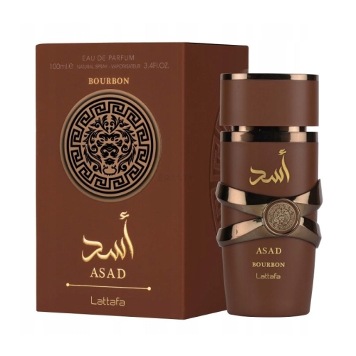 Butelka perfum Asad Bourbon Lattafa 100ml na tle eleganckiego ciemnego tła.