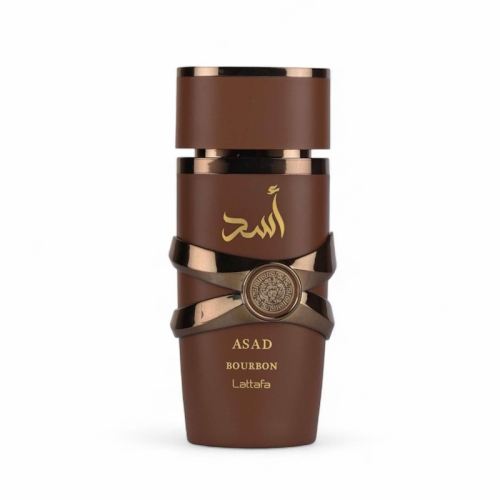 Perfumy męskie Asad Bourbon Lattafa w opakowaniu – luksusowy flakon obok stylowego pudełka.
