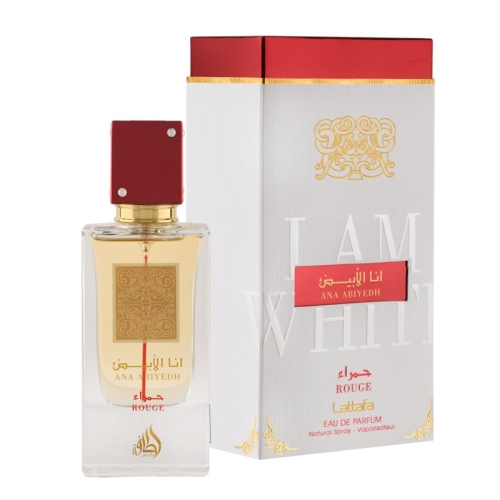 Perfumy damskie Ana Abiyedh Rouge Lattafa 60 ml na eleganckim stole, otoczone luksusowymi akcesoriami, prezentujące ich