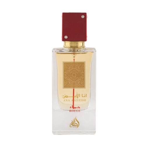 Buteleczka perfum damskich Ana Abiyedh Rouge Lattafa 60 ml - elegancki design z czerwonym akcentem i złotym korkiem