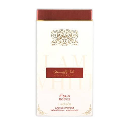 Opakowanie perfum damskich Ana Abiyedh Rouge Lattafa 60 ml - widok z przodu i boku, pokazujący luksusowe kartonowe pudełko