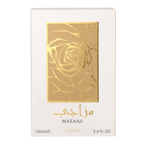Perfumy Mazaaji Lattafa 100 ml, widok z bliska na elegancką buteleczkę z wyraźnie widocznym logo marki i luksusowym wykończeniem