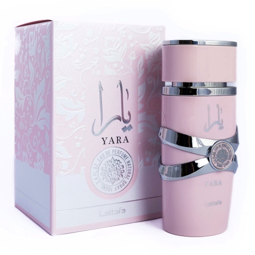 Perfumy damskie Yara Lattafa 100 ml w estetycznym opakowaniu, prezentowane na minimalistycznym tle, podkreślającym ich s