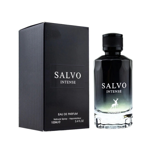 Opakowanie perfum Salvo Intense Maison Alhambra wraz z flakonem – stylowy design i nowoczesna kompozycja.