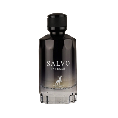 Flakon perfum męskich Salvo Intense Maison Alhambra 100 ml na białym tle – elegancki, czarny flakon.