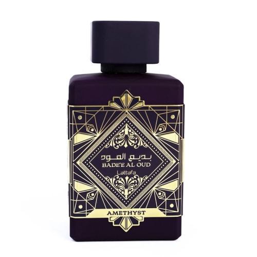 Buteleczka perfum unisex Badee Al Oud Amethyst Lattafa 100 ml - eleganckie fioletowe szkło z ozdobnym korkiem. Zdjęcie dostępne na e-drogeria24.pl.