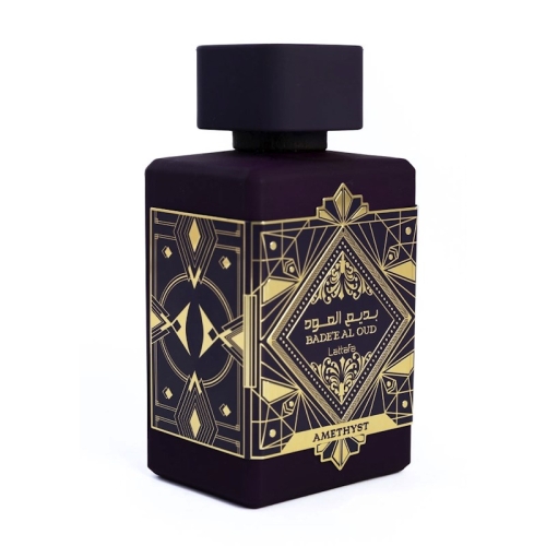 Opakowanie perfum unisex Badee Al Oud Amethyst Lattafa 100 ml - widok z przodu i z boku, ukazujący luksusowe kartonowe pudełko z fioletowymi akcentami. Zdjęcie dostępne na e-drogeria24.pl