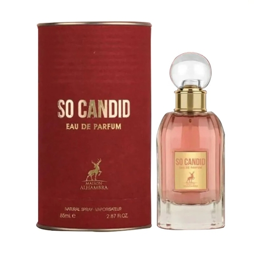 Zbliżenie na butelkę perfum So Candid Maison Alhambra 85ml – elegancka kompozycja zapachowa dla kobiet.