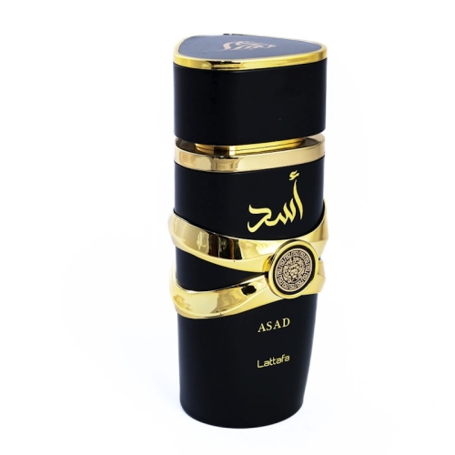 Buteleczka perfum męskich Asad Lattafa 100 ml - nowoczesny design z eleganckim korkiem i ciemnym szkłem