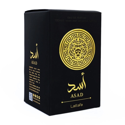 Opakowanie perfum męskich Asad Lattafa 100 ml - widok z przodu i boku, ukazujący stylowe kartonowe pudełko z logo