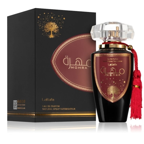 Flakon Mohra Lattafa 100ml z luksusowym złotym akcentem, perfumy unisex o kwiatowo-orientalnym charakterze.