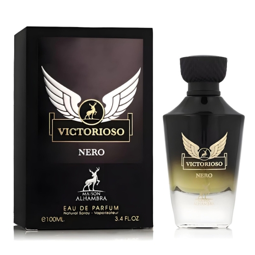 Flakon męskich perfum Victorioso Nero Maison Alhambra o intensywnym, cytrusowo-przyprawowym zapachu, dostępny w e-droger