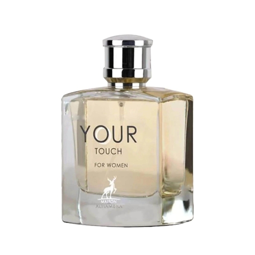 Flakon perfum Your Touch Maison Alhambra 100ml na tle kwiatów i owoców