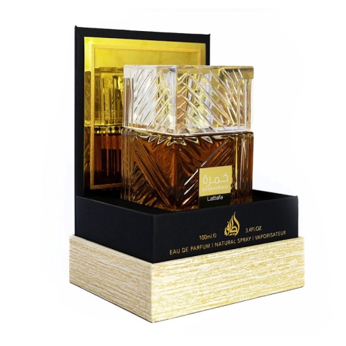 Opakowanie perfum unisex Khamrah 100 ml - widok z boku i z przodu, podkreślający luksusowy wygląd