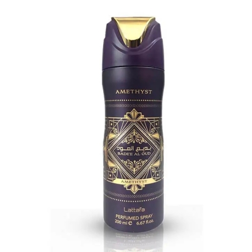 Dezodorant Bade’e Al Oud Amethyst Lattafa 200ml – elegancka fioletowa butelka na białym tle