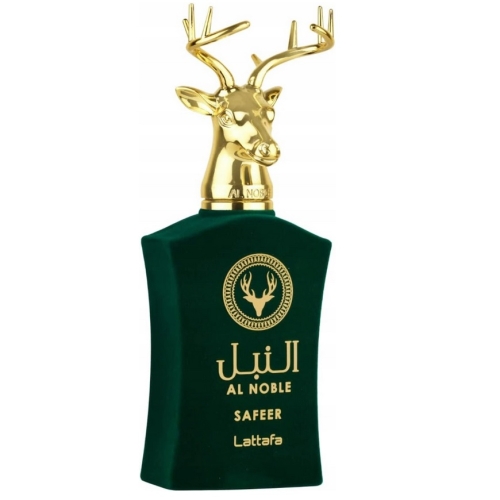 Perfumy unisex Al Noble Safeer Lattafa 100 ml na eleganckim stole, otoczone dekoracyjnymi elementami, podkreślające ich wyrafinowany charakter