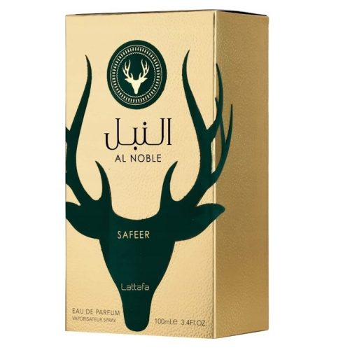Opakowanie perfum unisex Al Noble Safeer Lattafa 100 ml - widok z przodu i boku, ukazujący luksusowy karton