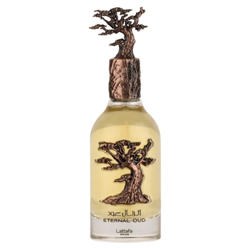 Perfumy Eternal Oud Lattafa Pride 100 ml na tle egzotycznych kwiatów, unisex zapach z nutami oudu, kwiatów i piżma dostępne w e-drogeria24.pl.