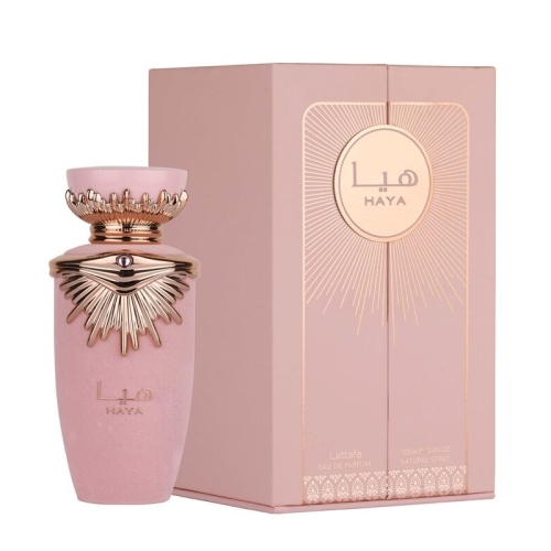 Elegancki flakon perfum Lattafa Haya dostępny na e-drogeria24.pl – zmysłowy, kwiatowo-orientalny zapach dla kobiet.