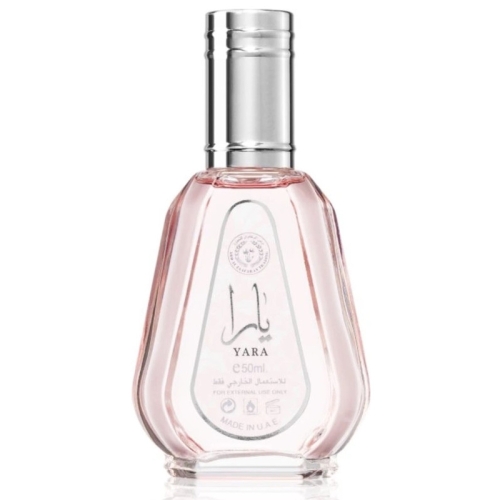 Opakowanie Yara 50 ml – elegancki różowo‑przezroczysty flakon z nutami owoców i ambry”