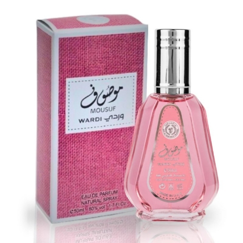 Opakowanie i flakon Mousuf Wardi EDP - 50 ml Ard Al Zaafaran z nutami zapachowymi: liczi, róża, wanilia, białe piżmo.