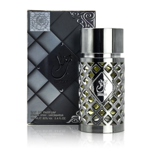 Detal flakonu perfum Jazzab Silver Ard Al Zaafaran 100ml, luksusowe męskie perfumy o drzewnych nutach.