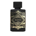 Buteleczka perfum unisex Badee Al Oud Lattafa 100 ml - eleganckie, ciemne szkło z ozdobnym korkiem i złotymi detalami. Zdjęcie dostępne na e-drogeria24.pl.Opakowanie perfum unisex Badee Al Oud Lattafa 100 ml - widok z przodu i z boku, ukazujący luksusowe